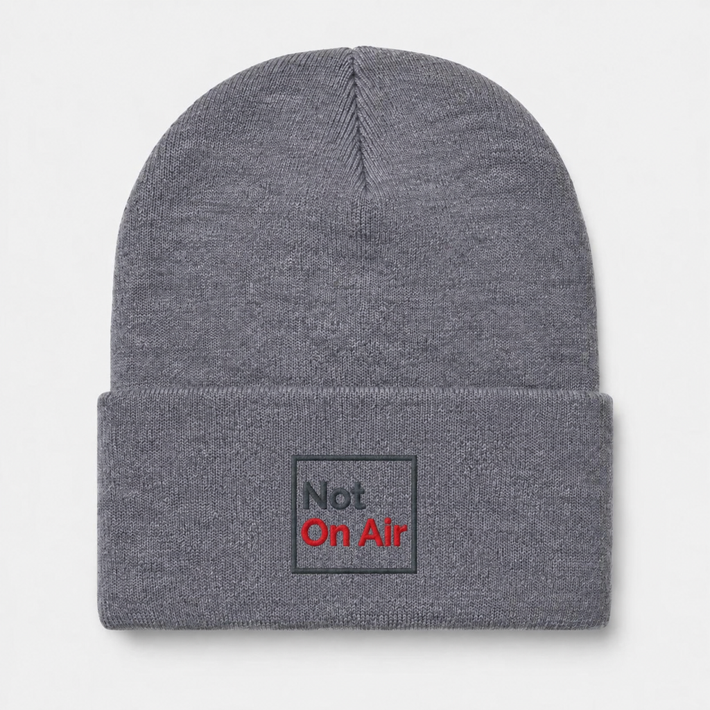 Gray Not On Air cuffed knit beanie with a smaller dark gray and red embroidered logo centered on the front cuff.