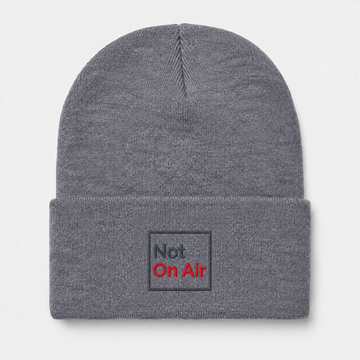 Gray Not On Air cuffed knit beanie with a smaller dark gray and red embroidered logo centered on the front cuff.