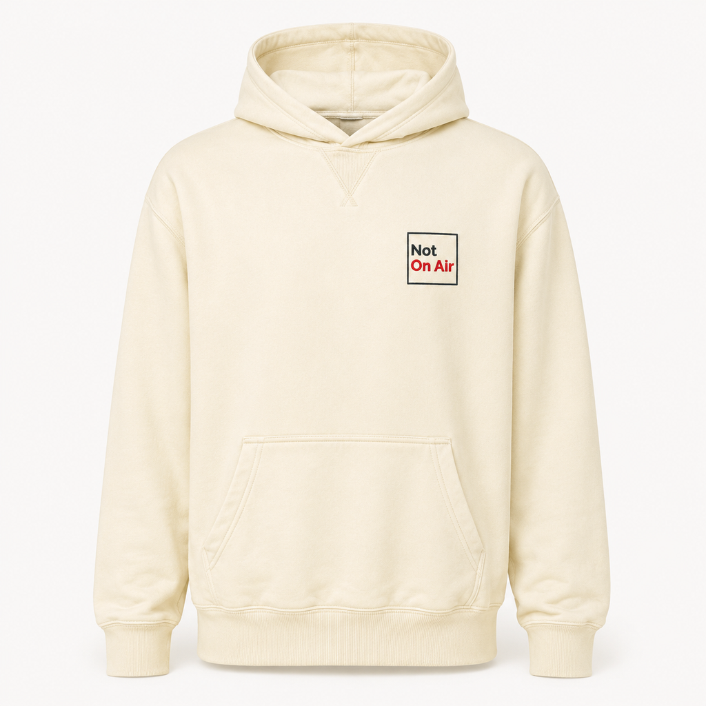 Washed natural Not On Air fleece hoodie with a small dark gray and red embroidered logo on the left chest.
