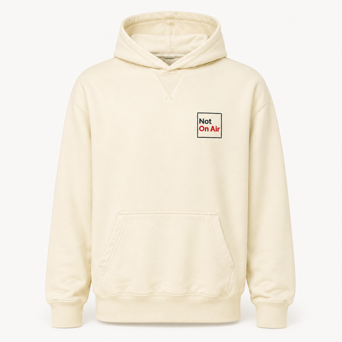 Washed natural Not On Air fleece hoodie with a small dark gray and red embroidered logo on the left chest.