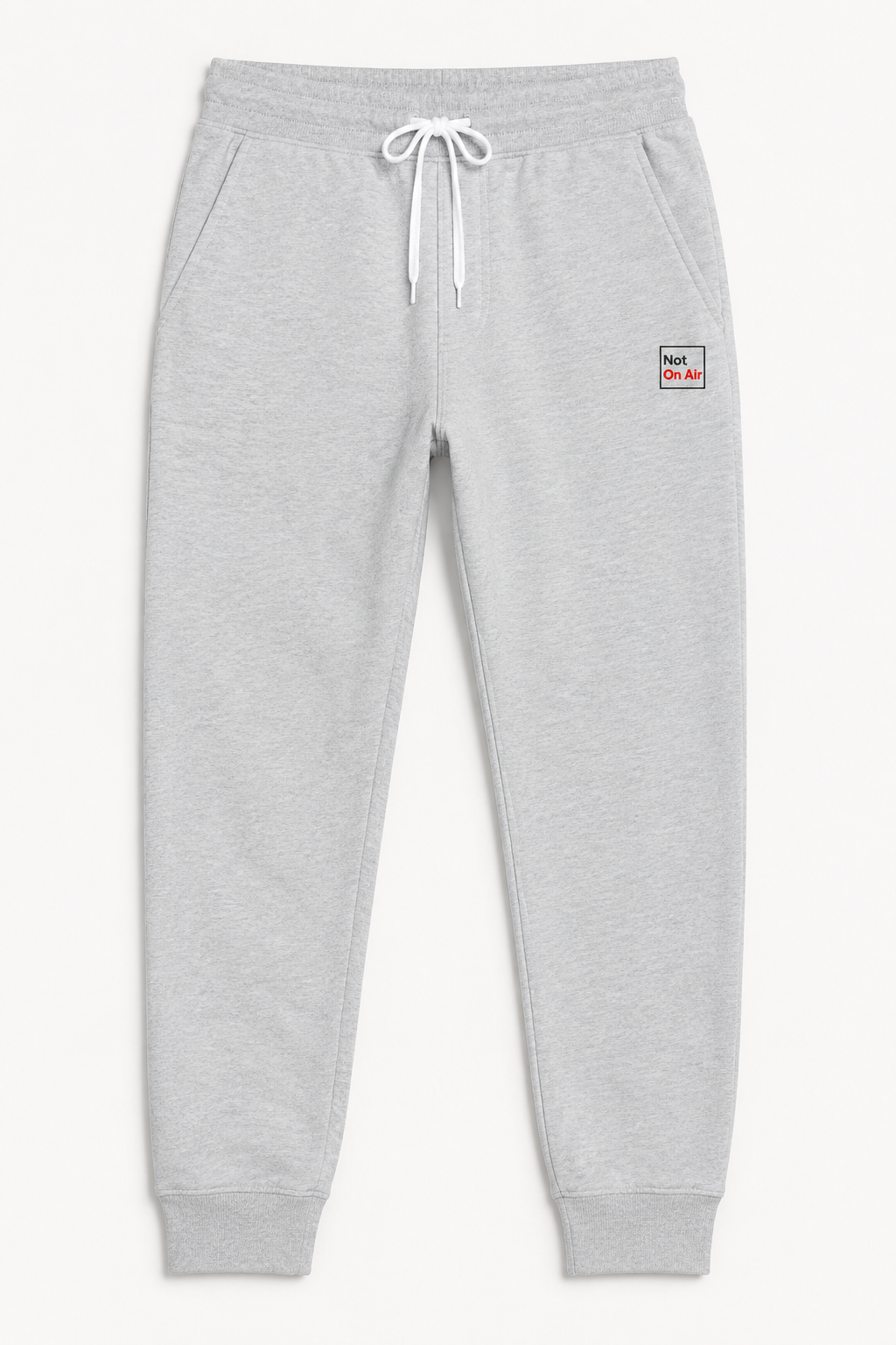 Heather gray Not On Air jogger sweatpants with a small dark gray and red embroidered logo near the lower left pocket.