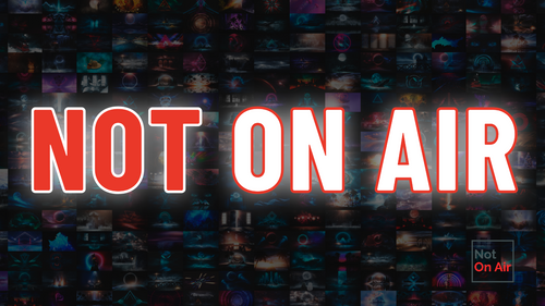 Not On Air Midnight Media Wall wallpaper with a dark mosaic of screens and a bold red-and-white logo.