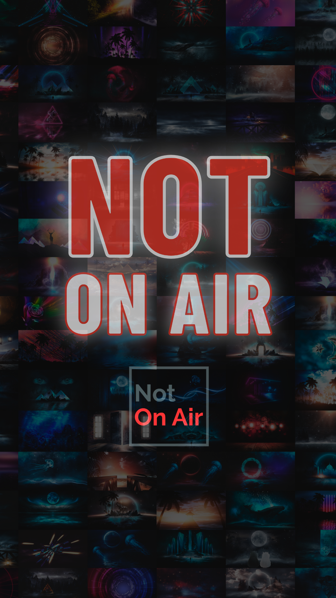 Vertical Not On Air Midnight Media Wall wallpaper for phones, Reels and Shorts with a dark mosaic of screens.