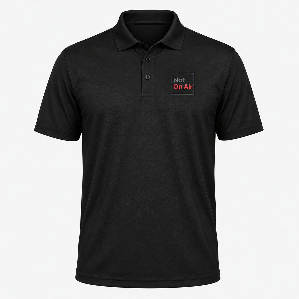 Black Not On Air performance polo with a small dark gray and red embroidered logo on the left chest.