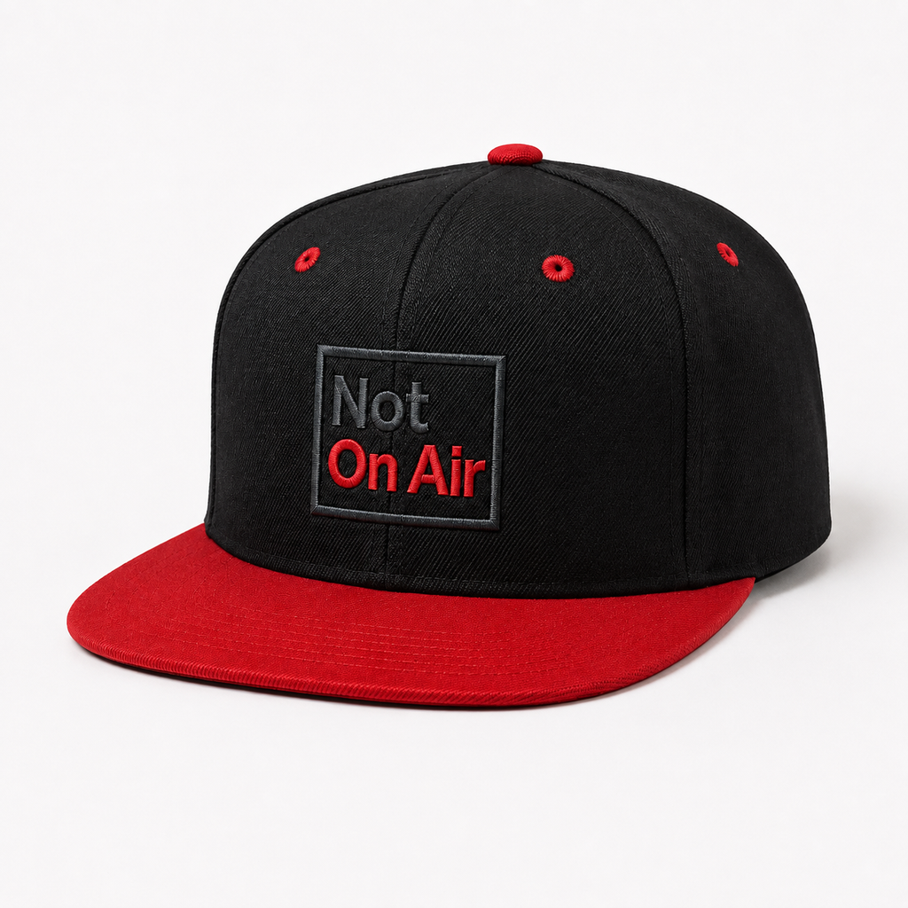 Black and red Not On Air flat visor snapback with a smaller dark gray and red embroidered logo on the front panel.