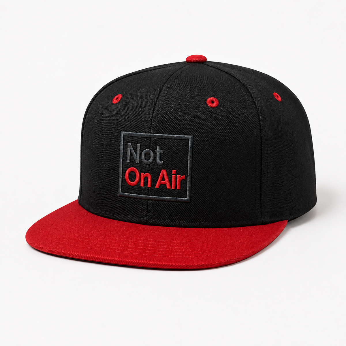 Black and red Not On Air flat visor snapback with a smaller dark gray and red embroidered logo on the front panel.